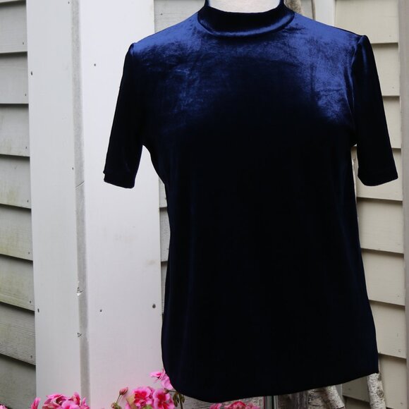Zara Tops - Zara Trafaluc Navy Blue Stretch Velvet Velour Mock Turtleneck Short Sleeve Top L